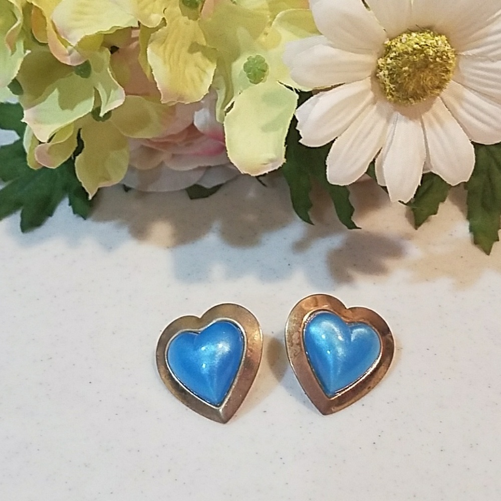 VNTG Blue Sparkle and Metal Heart Shaped Earing